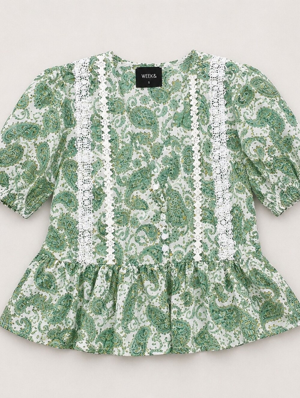 Floral Lace-Trim V-Neck Blouse in Olive Green - Picture 3 of 4